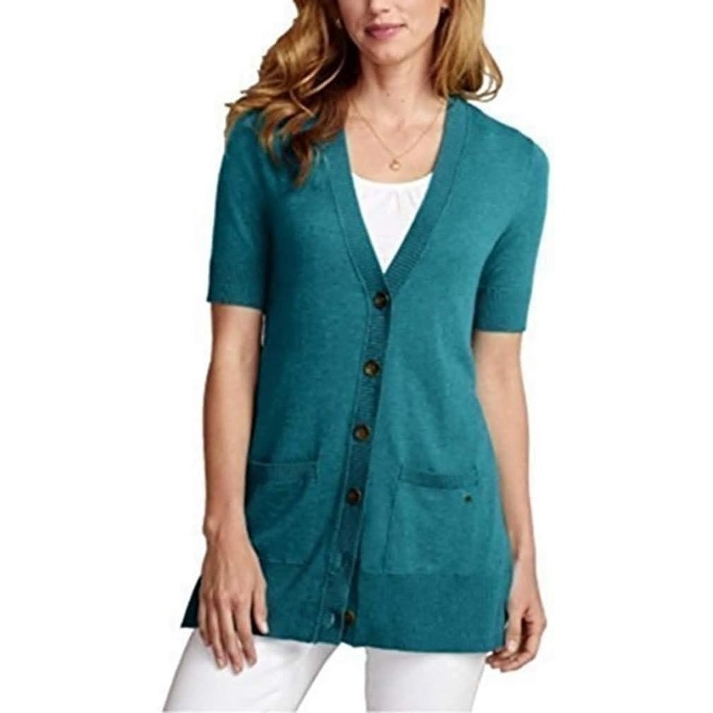 Y2K Eddie Bauer M Short Sleeve Cardigan Sweater Teal Blue Buttons Bella Swan